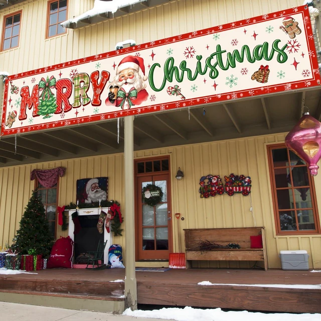 Alt view image 6 of 6 - Merry Christmas Banner Large Christmas Yard Decorations Outdoor Decor | Outdoor Red Bow and Santa Claus Yard Sign,Merry Xmas Banner for Indoor/Outdoor Xmas Party Happy New Years Celebration
