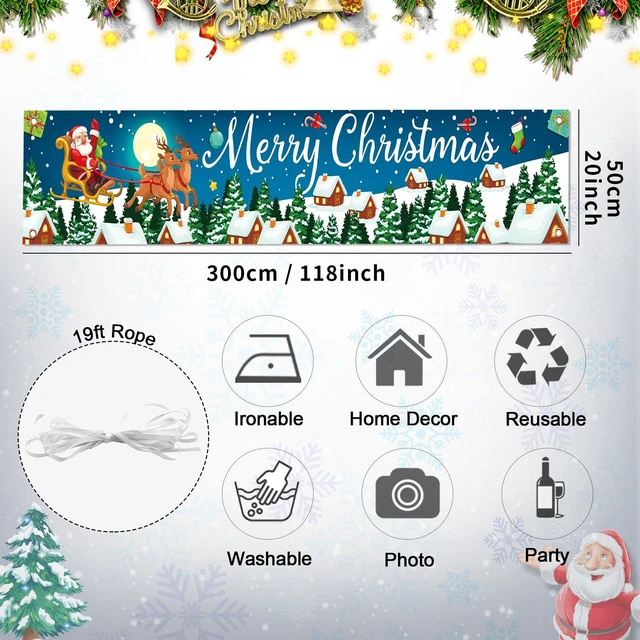Alt view image 2 of 7 - Christmas Banner Outdoor, Large Fabric Blue Merry Christmas Decorations with Santa Claus Reindeer Gifts Backgroud Banner, Xmas Yard Sign for Outside Fence Garden New Year Party Decor Supplies 210x40cm