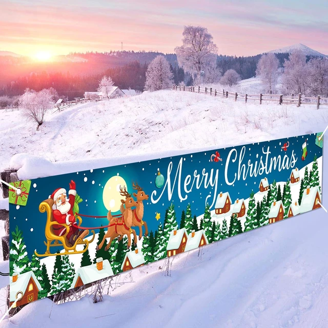 Main image of Christmas Banner Outdoor, Large Fabric Blue Merry Christmas Decorations with Santa Claus Reindeer Gifts Backgroud Banner, Xmas Yard Sign for Outside Fence Garden New Year Party Decor Supplies 210x40cm