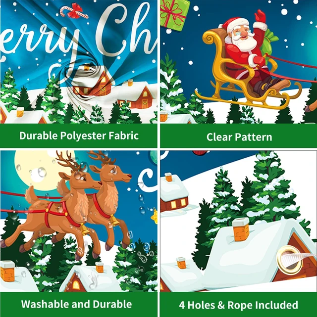Alt view image 3 of 7 - Christmas Banner Outdoor, Large Fabric Blue Merry Christmas Decorations with Santa Claus Reindeer Gifts Backgroud Banner, Xmas Yard Sign for Outside Fence Garden New Year Party Decor Supplies 210x40cm