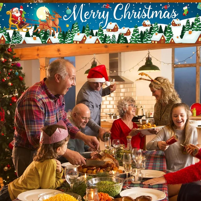 Alt view image 4 of 7 - Christmas Banner Outdoor, Large Fabric Blue Merry Christmas Decorations with Santa Claus Reindeer Gifts Backgroud Banner, Xmas Yard Sign for Outside Fence Garden New Year Party Decor Supplies 210x40cm