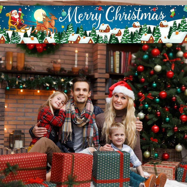 Alt view image 6 of 7 - Christmas Banner Outdoor, Large Fabric Blue Merry Christmas Decorations with Santa Claus Reindeer Gifts Backgroud Banner, Xmas Yard Sign for Outside Fence Garden New Year Party Decor Supplies 210x40cm