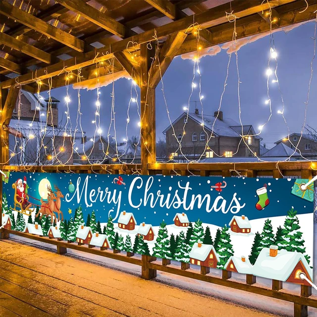 Alt view image 5 of 7 - Christmas Banner Outdoor, Large Fabric Blue Merry Christmas Decorations with Santa Claus Reindeer Gifts Backgroud Banner, Xmas Yard Sign for Outside Fence Garden New Year Party Decor Supplies 210x40cm