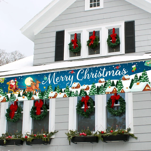 Alt view image 7 of 7 - Christmas Banner Outdoor, Large Fabric Blue Merry Christmas Decorations with Santa Claus Reindeer Gifts Backgroud Banner, Xmas Yard Sign for Outside Fence Garden New Year Party Decor Supplies 210x40cm