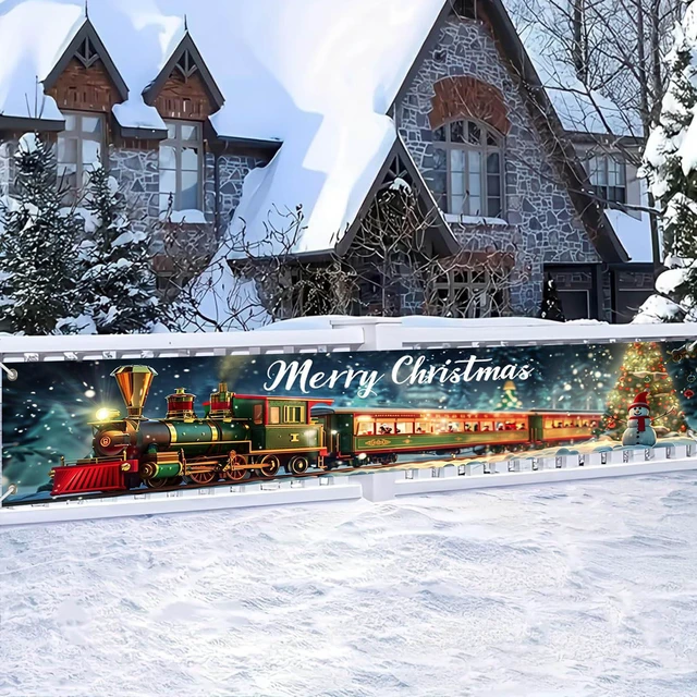 Main image of 118x20 inch Merry Christmas Train Scene Winter Snowman with Christmas Tree and Gift Box Holiday Locomotive Banner for Outdoor Fence Porch Wall Family Party Photo Backdrop Decoration