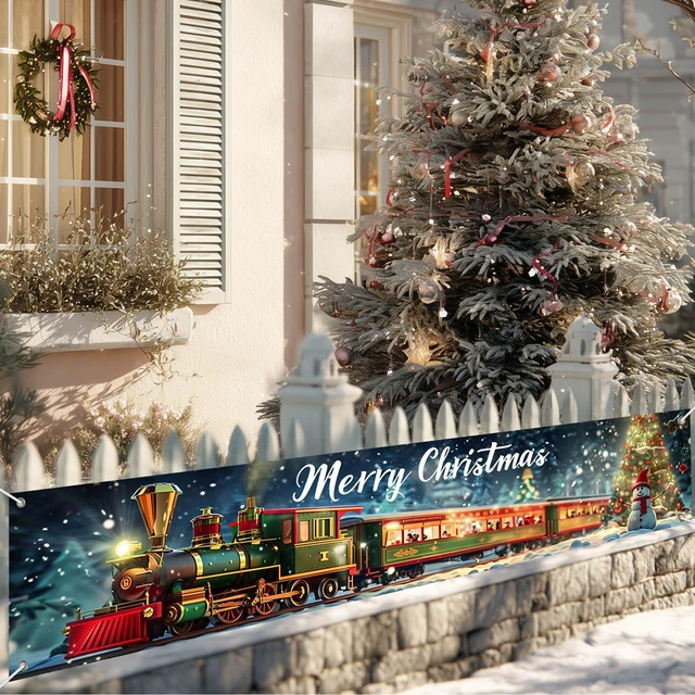 Alt view image 2 of 7 - 118x20 inch Merry Christmas Train Scene Winter Snowman with Christmas Tree and Gift Box Holiday Locomotive Banner for Outdoor Fence Porch Wall Family Party Photo Backdrop Decoration