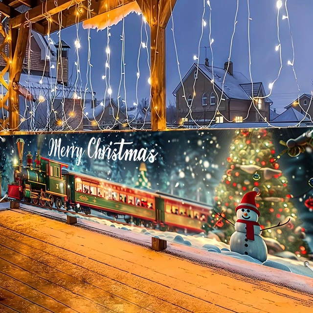 Alt view image 3 of 7 - 118x20 inch Merry Christmas Train Scene Winter Snowman with Christmas Tree and Gift Box Holiday Locomotive Banner for Outdoor Fence Porch Wall Family Party Photo Backdrop Decoration