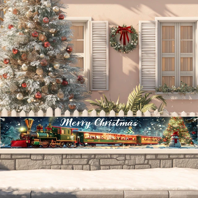 Alt view image 4 of 7 - 118x20 inch Merry Christmas Train Scene Winter Snowman with Christmas Tree and Gift Box Holiday Locomotive Banner for Outdoor Fence Porch Wall Family Party Photo Backdrop Decoration