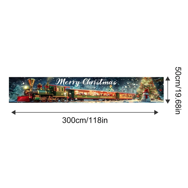Alt view image 5 of 7 - 118x20 inch Merry Christmas Train Scene Winter Snowman with Christmas Tree and Gift Box Holiday Locomotive Banner for Outdoor Fence Porch Wall Family Party Photo Backdrop Decoration