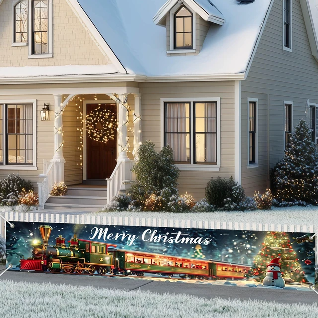 Alt view image 6 of 7 - 118x20 inch Merry Christmas Train Scene Winter Snowman with Christmas Tree and Gift Box Holiday Locomotive Banner for Outdoor Fence Porch Wall Family Party Photo Backdrop Decoration
