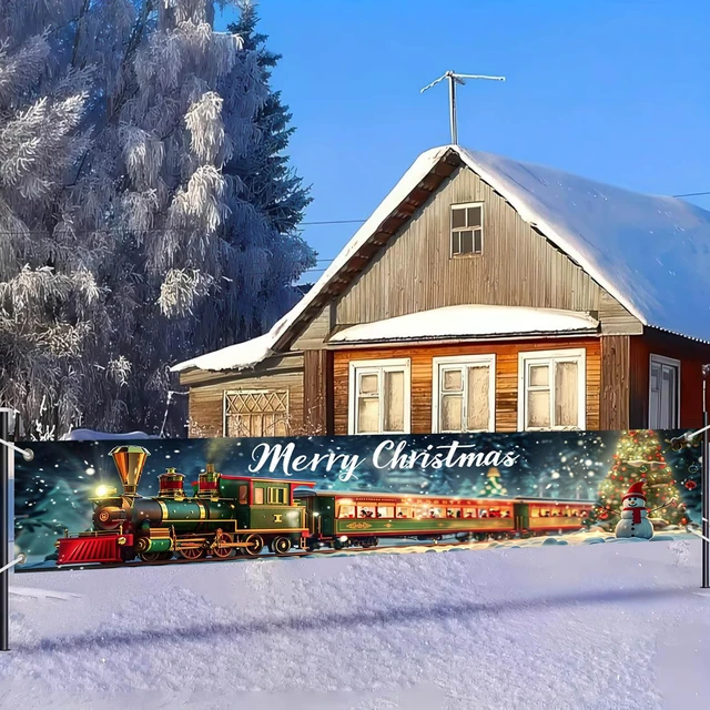 Alt view image 7 of 7 - 118x20 inch Merry Christmas Train Scene Winter Snowman with Christmas Tree and Gift Box Holiday Locomotive Banner for Outdoor Fence Porch Wall Family Party Photo Backdrop Decoration