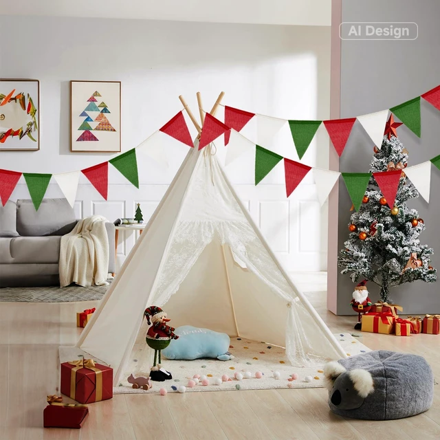 Alt view image 4 of 6 - Christmas Pennant Banner Flag Bunting Garland Red Green White 36PCS | Pre-Strung 39Ft Burlap Fabric Pennant Banner Triangle Flag Bunting Garland for Christmas Wedding Birthday Party Decorations
