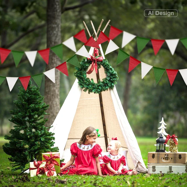 Alt view image 5 of 6 - Christmas Pennant Banner Flag Bunting Garland Red Green White 36PCS | Pre-Strung 39Ft Burlap Fabric Pennant Banner Triangle Flag Bunting Garland for Christmas Wedding Birthday Party Decorations