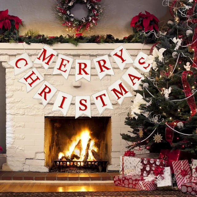 Alt view image 4 of 7 - Christmas Burlap Banner Felt Merry Christmas Banner Pre-Assembled White Red Xmas Bunting Garland Celebration Hanging Decorations for Christmas Party Supplies Home Decoration