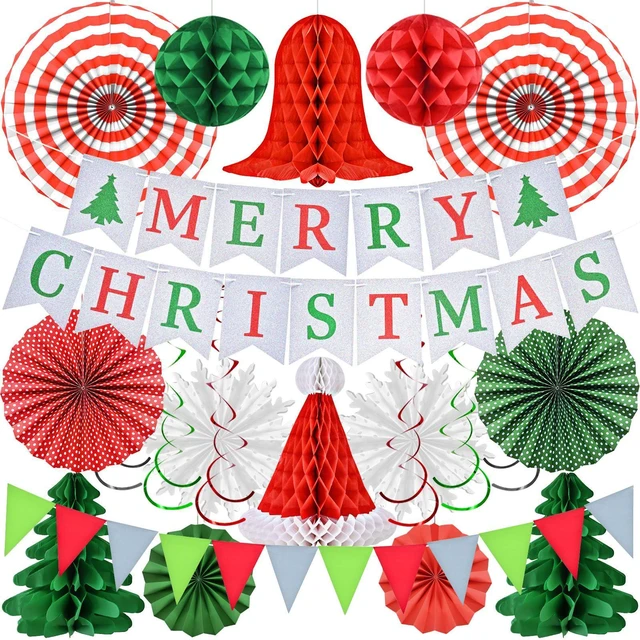 Main image of Christmas Party Decorations Supplies Set, Reusable Xmas Decor Kit Indoor - Merry Christmas Sign Banner for Home, Xmas Pennant Banner, Hanging Paper Tissue Fan Tree Garland