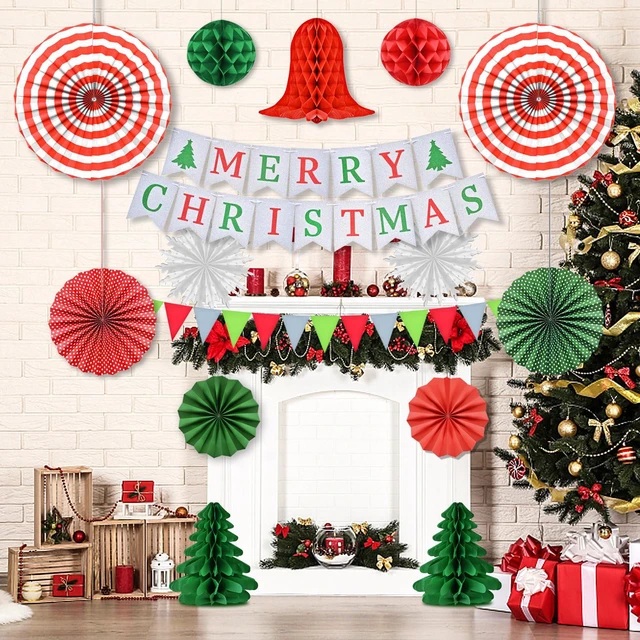 Alt view image 5 of 7 - Christmas Party Decorations Supplies Set, Reusable Xmas Decor Kit Indoor - Merry Christmas Sign Banner for Home, Xmas Pennant Banner, Hanging Paper Tissue Fan Tree Garland