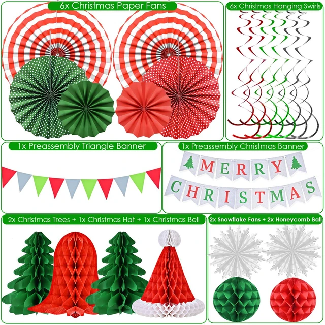 Alt view image 4 of 7 - Christmas Party Decorations Supplies Set, Reusable Xmas Decor Kit Indoor - Merry Christmas Sign Banner for Home, Xmas Pennant Banner, Hanging Paper Tissue Fan Tree Garland