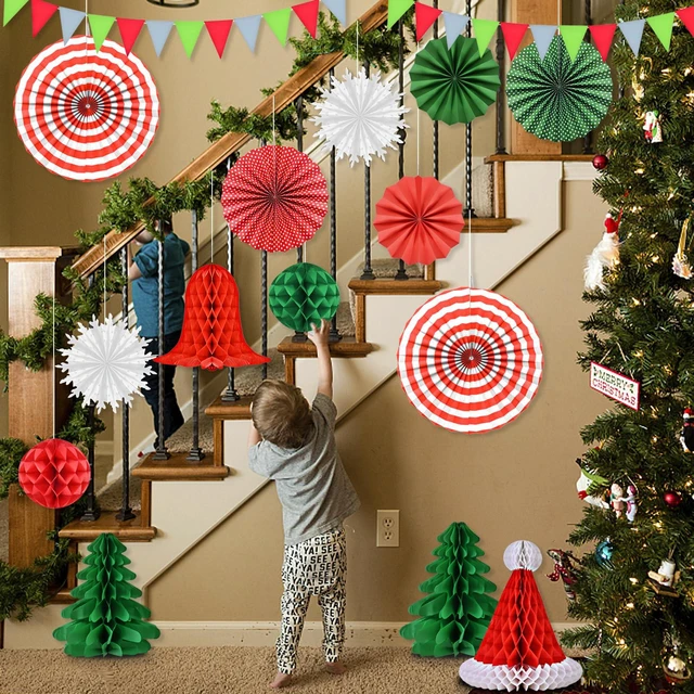 Alt view image 7 of 7 - Christmas Party Decorations Supplies Set, Reusable Xmas Decor Kit Indoor - Merry Christmas Sign Banner for Home, Xmas Pennant Banner, Hanging Paper Tissue Fan Tree Garland