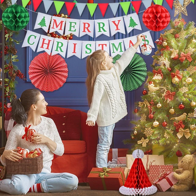 Alt view image 6 of 7 - Christmas Party Decorations Supplies Set, Reusable Xmas Decor Kit Indoor - Merry Christmas Sign Banner for Home, Xmas Pennant Banner, Hanging Paper Tissue Fan Tree Garland