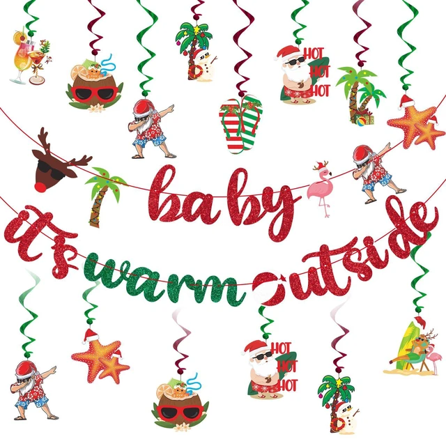 Main image of July Christmas Decorations - Baby It's Warm Outside Glitter Banner with 18 Tropical Christmas Swirls - Mele Kalikimaka Theme Party Decor, Summer Beach Party Supplies
