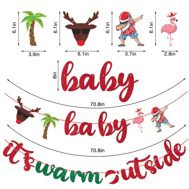 Alt view image 3 of 6 - July Christmas Decorations - Baby It's Warm Outside Glitter Banner with 18 Tropical Christmas Swirls - Mele Kalikimaka Theme Party Decor, Summer Beach Party Supplies