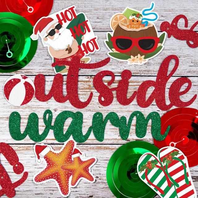 Alt view image 2 of 6 - July Christmas Decorations - Baby It's Warm Outside Glitter Banner with 18 Tropical Christmas Swirls - Mele Kalikimaka Theme Party Decor, Summer Beach Party Supplies