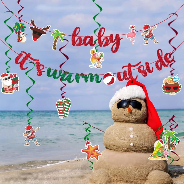 Alt view image 5 of 6 - July Christmas Decorations - Baby It's Warm Outside Glitter Banner with 18 Tropical Christmas Swirls - Mele Kalikimaka Theme Party Decor, Summer Beach Party Supplies