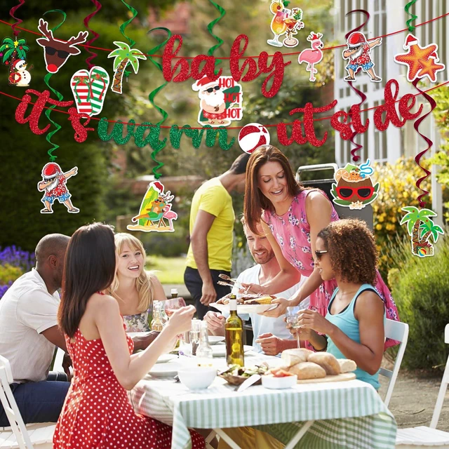 Alt view image 6 of 6 - July Christmas Decorations - Baby It's Warm Outside Glitter Banner with 18 Tropical Christmas Swirls - Mele Kalikimaka Theme Party Decor, Summer Beach Party Supplies