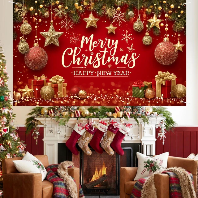 Alt view image 7 of 7 - Merry Christmas Banner Decoration New Year Outdoor Flag Indoor Home Decor Party Supplies Yard Sign Background for Photography (Red, 71x43 Inch)
