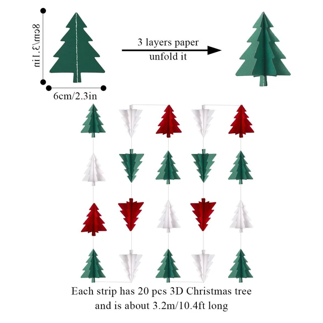 Alt view image 2 of 5 - Red White Green Christmas Decorations - 2Pcs 3D Christmas Tree Paper Streamers Party Banner Garland Hanging Decor