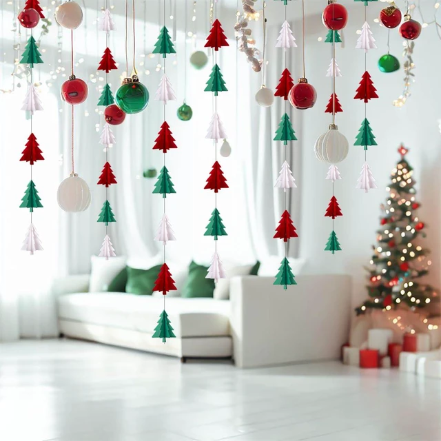 Alt view image 3 of 5 - Red White Green Christmas Decorations - 2Pcs 3D Christmas Tree Paper Streamers Party Banner Garland Hanging Decor