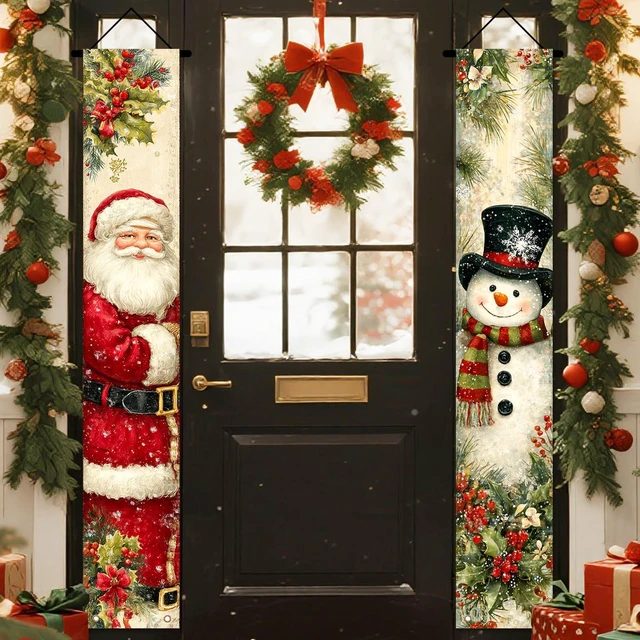 Main image of Merry Christmas 2Pcs Door Cover Banner,71x12In Polyester | Porch decor,entry strip,christmas door cover,front door adornment for doorway,porch,entryway (Santa snowman pair)