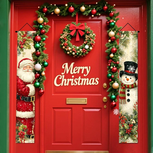 Alt view image 7 of 7 - Merry Christmas 2Pcs Door Cover Banner,71x12In Polyester | Porch decor,entry strip,christmas door cover,front door adornment for doorway,porch,entryway (Santa snowman pair)