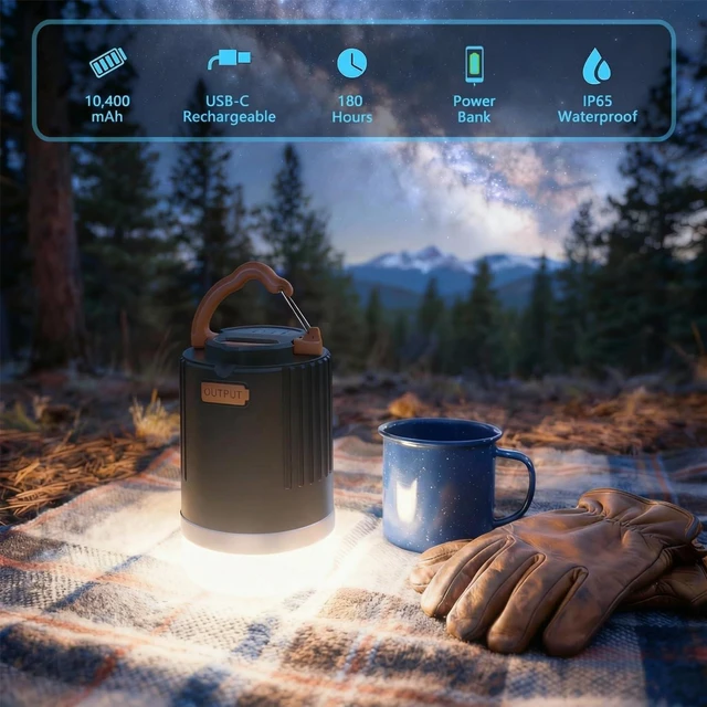 Alt view image 2 of 7 - Camping Lantern for Power Outages IP65 Waterproof Camping Lights 10400mAh Portable USB-C Rechargeable 180H Ultra-Long Runtime Emergency Light