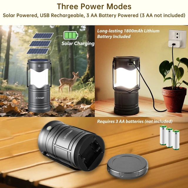 Alt view image 2 of 7 - 1-Pack Solar Camping Lantern, USB Rechargeable LED Lanterns | Battery Powered Pop Up Flashlight Lamps, 3 Modes Power for Power Outages Hurricane Supplies Emergency Indoor & Outdoor
