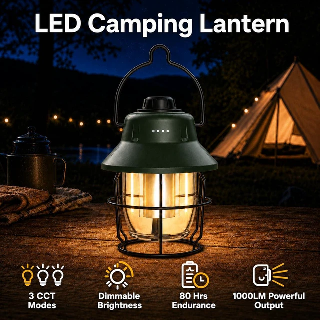 Alt view image 5 of 7 - Rechargeable LED Camping Lantern, Mini Retro Portable Waterproof Lantern, 1000LM, 3 Light Modes (2700-6500K) Stepless Dimming Brightness, Hanging Tent Light for Camping, Power Outages