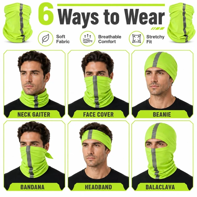 Alt view image 3 of 6 - 4 Pcs Neck Gaiter Face Mask for Men, Green | Reflective Face Cover Scarf Summer UV Sun Protection Balaclava Bandana for Work