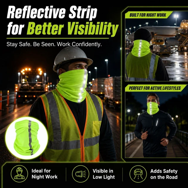 Alt view image 5 of 6 - 4 Pcs Neck Gaiter Face Mask for Men, Green | Reflective Face Cover Scarf Summer UV Sun Protection Balaclava Bandana for Work