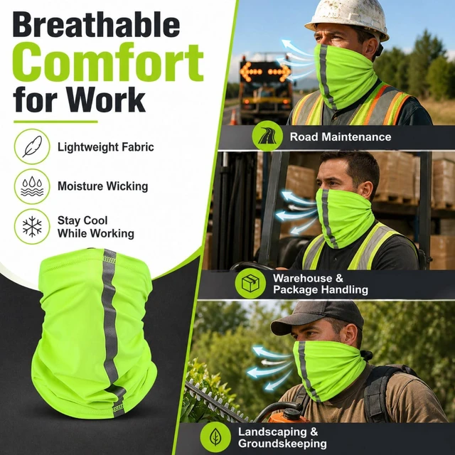 Alt view image 2 of 6 - 4 Pcs Neck Gaiter Face Mask for Men, Green | Reflective Face Cover Scarf Summer UV Sun Protection Balaclava Bandana for Work