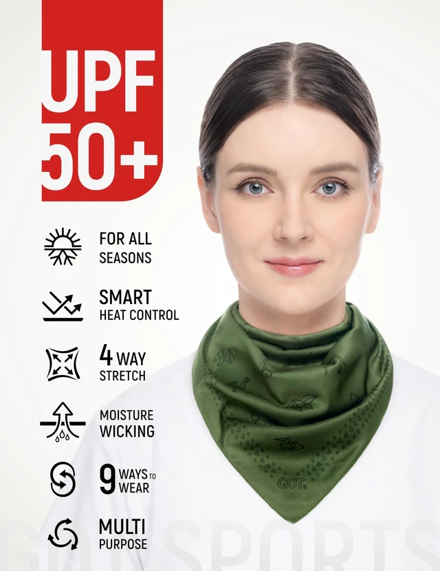 Alt view image 2 of 6 - UPF 50+ Cooling Bandana - UV Sun Protection Neck Scarf (Olive Grn Origami) | Thermoregulation, 24x24 Inch, Double-Sided Print, Summer Neck Wraps, Moisture-Wicking, Running, Hiking