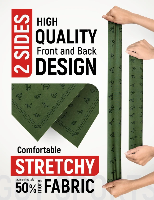 Alt view image 5 of 6 - UPF 50+ Cooling Bandana - UV Sun Protection Neck Scarf (Olive Grn Origami) | Thermoregulation, 24x24 Inch, Double-Sided Print, Summer Neck Wraps, Moisture-Wicking, Running, Hiking