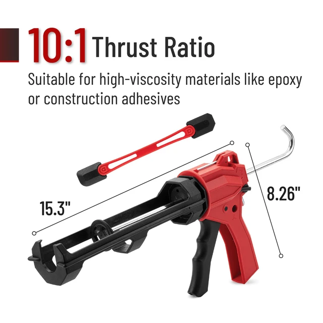 Alt view image 2 of 6 - Caulking Gun Tool, 10:1 Thrust Ratio, Black & Red, 360° Rotating Plastic Barrel, Caulk Gun with Spout Cutter, Seal Puncture Tool, Built-in Scraper and Finishing Tool