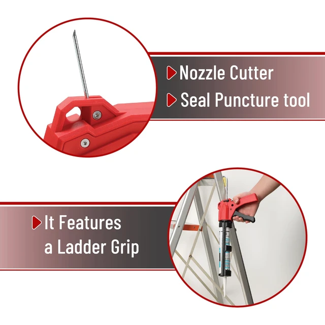 Alt view image 3 of 6 - Caulking Gun Tool, 10:1 Thrust Ratio, Black & Red, 360° Rotating Plastic Barrel, Caulk Gun with Spout Cutter, Seal Puncture Tool, Built-in Scraper and Finishing Tool