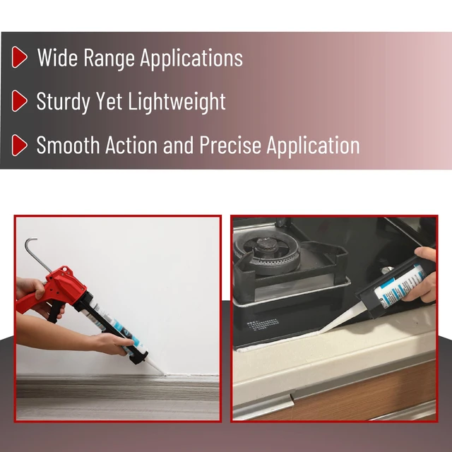 Alt view image 6 of 6 - Caulking Gun Tool, 10:1 Thrust Ratio, Black & Red, 360° Rotating Plastic Barrel, Caulk Gun with Spout Cutter, Seal Puncture Tool, Built-in Scraper and Finishing Tool