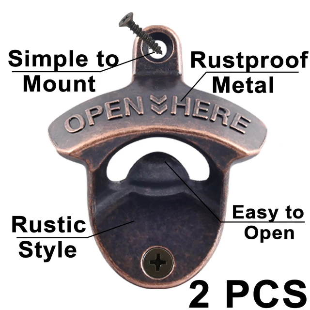 Alt view image 2 of 6 - Vintage Copper Bottle Cap Opener Wall Mount, Retro Beer Bottle Opener with Screws for Homes Kitchen (Pack of 2)