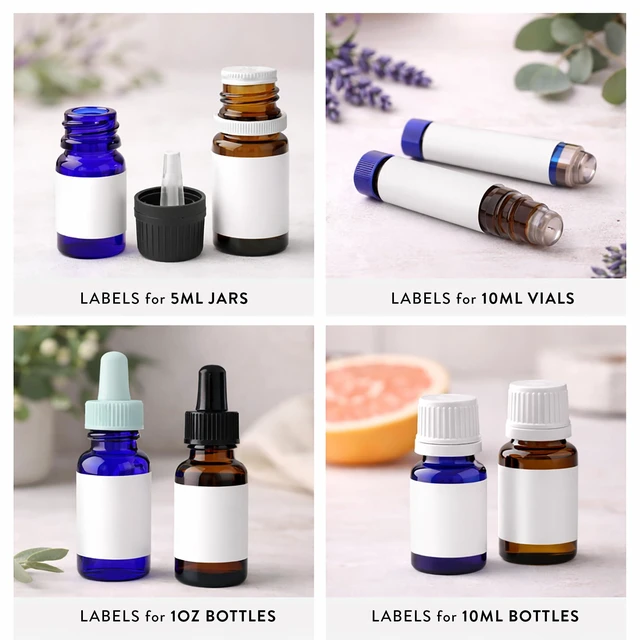 Alt view image 2 of 7 - 90 Waterproof Essential Oil Labels, 3x1 for Inkjet | Blank Printable Stickers, Free Easy to Use Templates, for oil proof labels for roller bottles and vials.