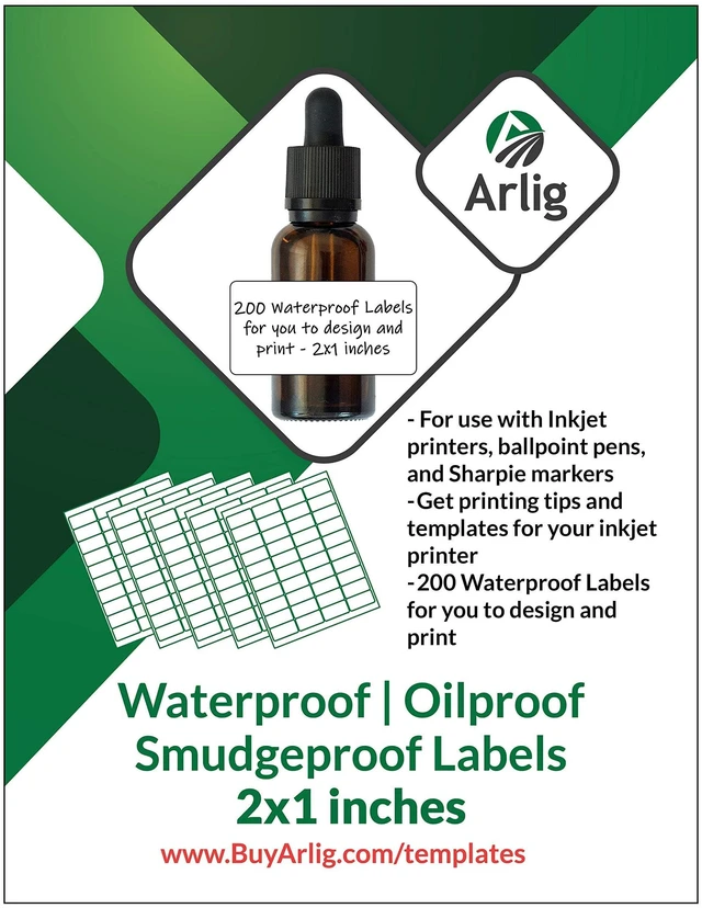 Main image of 2x1 Inch Waterproof Labels for Inkjet Printers Smudge-Proof, Oil-Proof Label for Bottles, Pantry, Lip Gloss, Jars, Food, and Essential Oils | 200 Labels (5 Letter Size Sheets, 40/Sheet) (Matte)