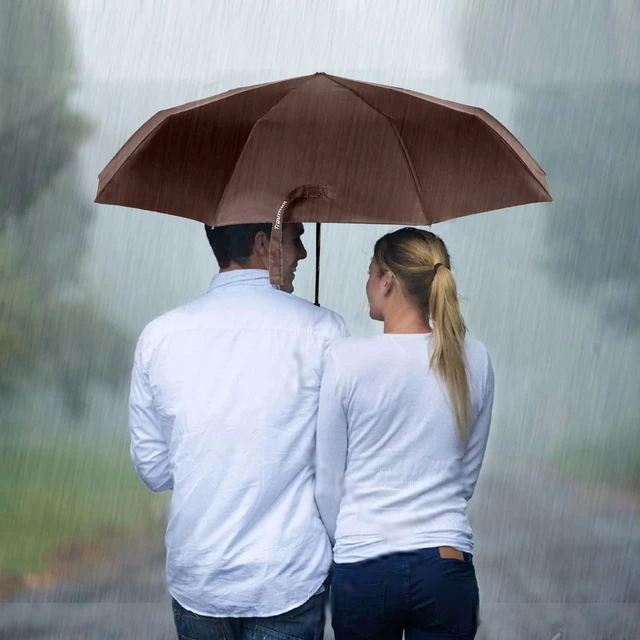 Alt view image 7 of 7 - Travel Umbrella Windproof 46 Inches Canopy, Brown | 10 Reinforced Fiberglass Ribs Ergonomic Handle Auto Open & Close