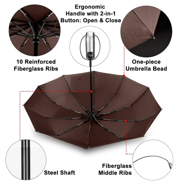 Alt view image 4 of 7 - Travel Umbrella Windproof 46 Inches Canopy, Brown | 10 Reinforced Fiberglass Ribs Ergonomic Handle Auto Open & Close