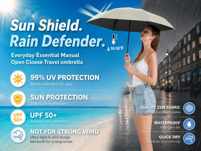 Alt view image 2 of 7 - Mini Travel Umbrella with UV Sun Protection, Compact Pocket-Size | 8.6 oz Lightweight, Small Portable for Sun & Rain, Fit Purse & Backpack, Travel essentials for Disney & European Trip